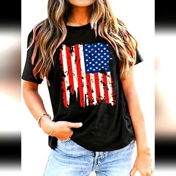 Women's Flag Print Crew Neck T-Shirt - Picture 2 of 3